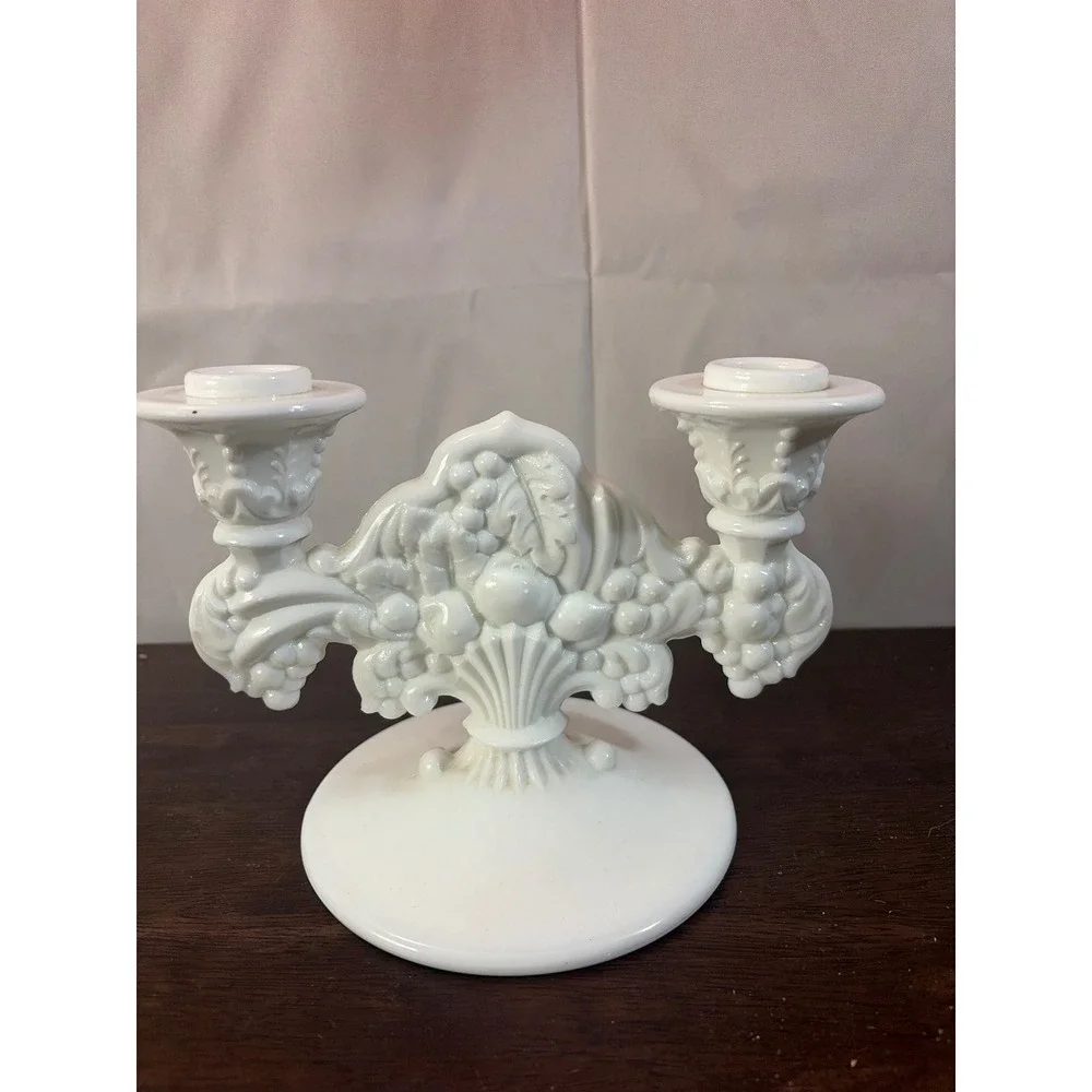 Indiana Milk Glass‎ Double Arm Candelabra Fruit Harvest Cornucopia White 5.5in